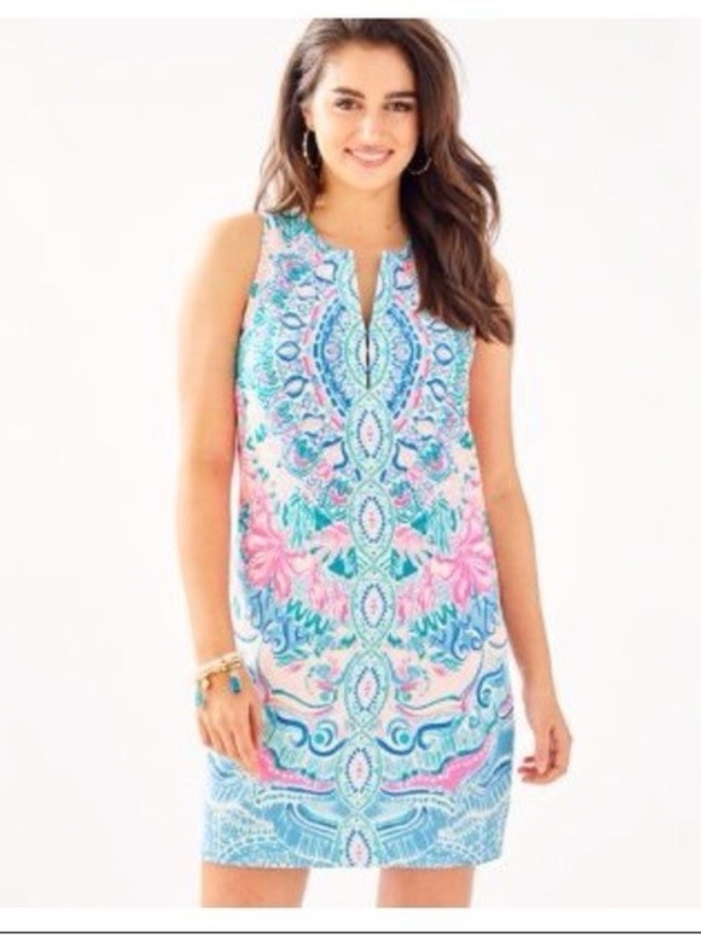 Lilly Pulitzer Kelby sleeveless pink and blue shift dress with tassel zipper